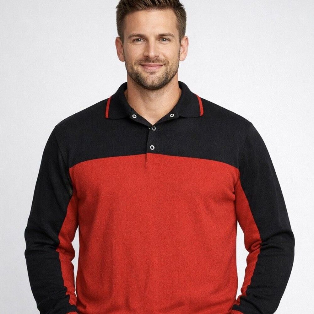 RNT23 Ron Tomson Polo Sweater Mens XL Red Black Colorblock Long Sleeve